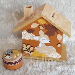 Tirelire faon endormi et feuilles d automne en bois pour enfant a personnaliser