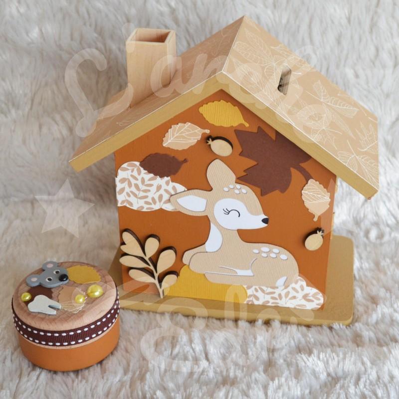 Tirelire faon endormi et feuilles d automne en bois pour enfant a personnaliser