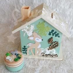 Cadeau de naissance Faon et décor de la foret composé d'une tirelire, d'une boite à dents et d'une boite a trésors
