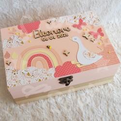 Boite à souvenirs de naissance personnalisée décoration oie et envolée de papillons