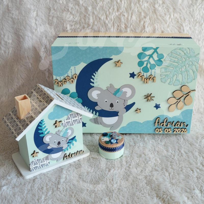 Cadeau de naissance thème Koala, boite à souvenirs personnalisée avec une tirelire et boite a dents