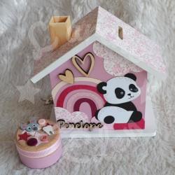 Tirelire panda et arc en ciel en bois pour enfant a personnaliser