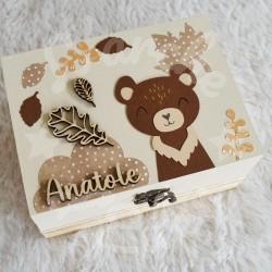 Boite à trésors en bois, déco ours brun, pour souvenirs d enfant