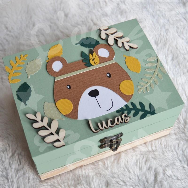 Boite à trésors en bois, déco ours brun, pour souvenirs d enfant