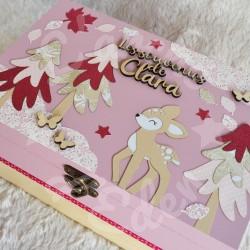 Cadeau de naissance thème faon et décor d automne, boite à souvenirs personnalisée avec une tirelire et boite a dents