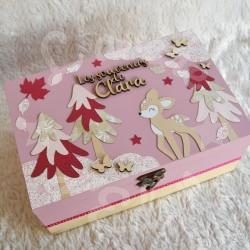 Cadeau de naissance thème faon et décor d automne, boite à souvenirs personnalisée avec une tirelire et boite a dents