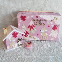 Cadeau de naissance thème faon et décor d automne, boite à souvenirs personnalisée avec une tirelire et boite a dents