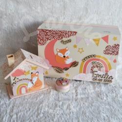 Cadeau de naissance thème renard, boite à souvenirs personnalisée avec une tirelire et boite a dents