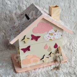 Cadeau de naissance Oiseau et arc en ciel composé d'une tirelire, d'une boite à dents et d'une boite a trésors