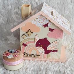 Tirelire oiseau et arc en ciel en bois pour enfant a personnaliser