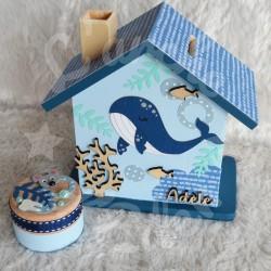 Cadeau de naissance Baleine composé d'une tirelire, d'une boite à dents et d'une boite a trésors