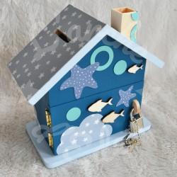 Cadeau de naissance Baleine composé d'une tirelire, d'une boite à dents et d'une boite a trésors