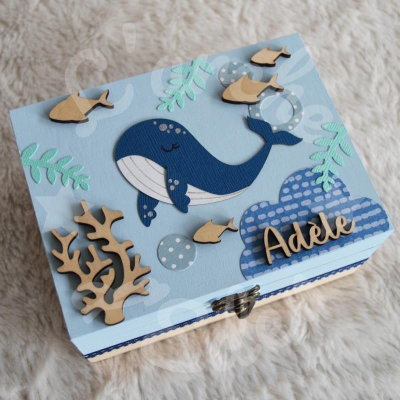 Boite à trésors en bois avec Baleine pour souvenirs d enfant
