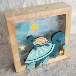 Tirelire Tortue de mer pour enfant en forme de cadre en bois et vitre transparente