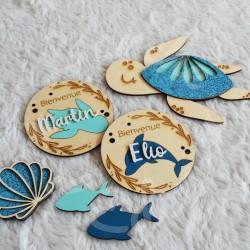 Medaillon de naissance en bois a personnaliser theme mer et ocean