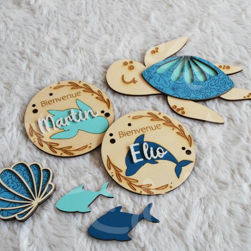 Medaillon de naissance en bois a personnaliser theme mer et ocean