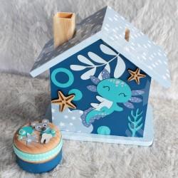 Tirelire baleine et corail en bois pour enfant a personnaliser