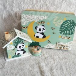 Cadeau de naissance thème Panda, boite à souvenirs personnalisée avec une tirelire et boite a dents