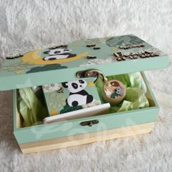 Cadeau de naissance thème Panda, boite à souvenirs personnalisée avec une tirelire et boite a dents