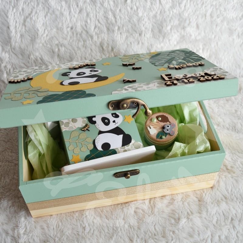 Cadeau de naissance thème Panda, boite à souvenirs personnalisée avec une tirelire et boite a dents