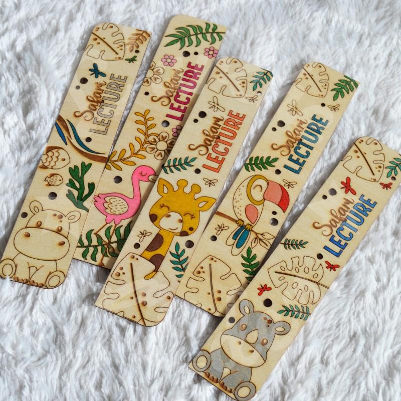 Marque page en bois pour enfant animaux de la jungle et foret tropicale