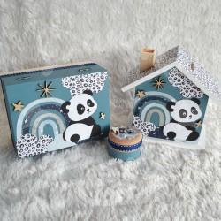 Cadeau de naissance Panda et arc en ciel composé d'une tirelire, d'une boite à dents et d'une boite a trésors