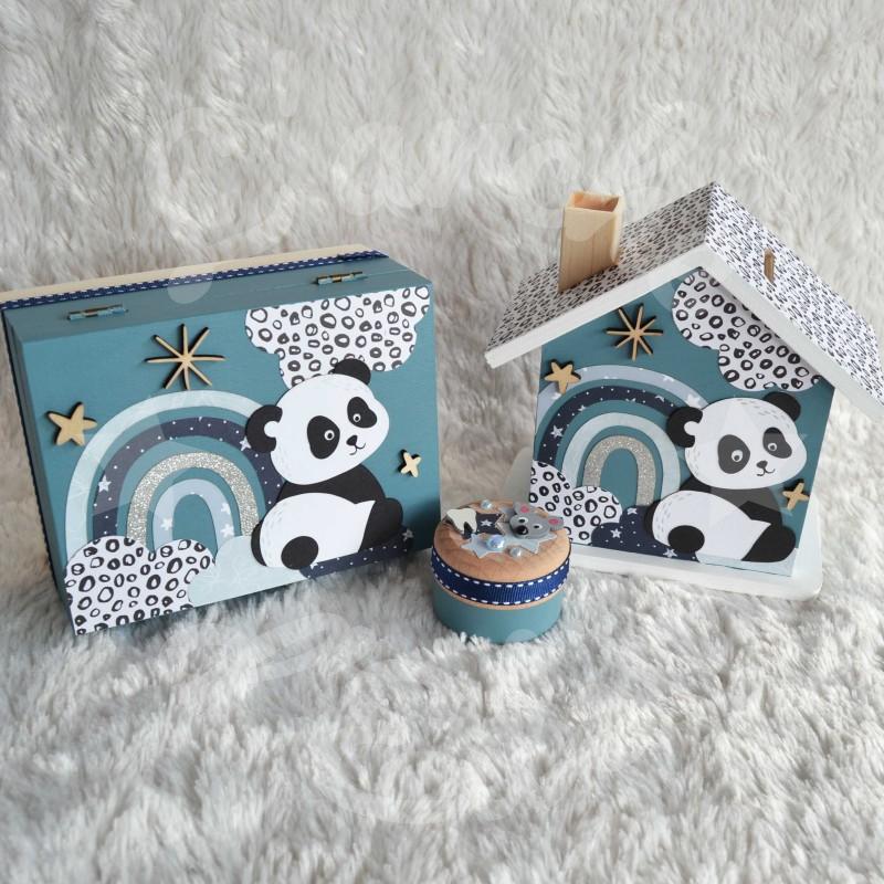 Cadeau de naissance Panda et arc en ciel composé d'une tirelire, d'une boite à dents et d'une boite a trésors