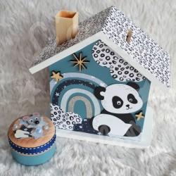Cadeau de naissance Panda et arc en ciel composé d'une tirelire, d'une boite à dents et d'une boite a trésors