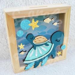 Tirelire Tortue de mer pour enfant en forme de cadre en bois et vitre transparente