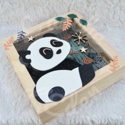 Tirelire panda et foret tropicale pour enfant en forme de cadre en bois et vitre transparente