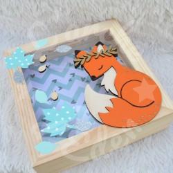 Tirelire Renard et feuillage pour enfant en forme de cadre en bois et vitre transparente