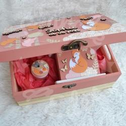 Cadeau de naissance renard et décor d'automne, boite à souvenirs personnalisée avec une tirelire et boite a dents