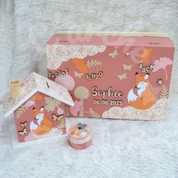 Cadeau de naissance renard et décor d'automne, boite à souvenirs personnalisée avec une tirelire et boite a dents
