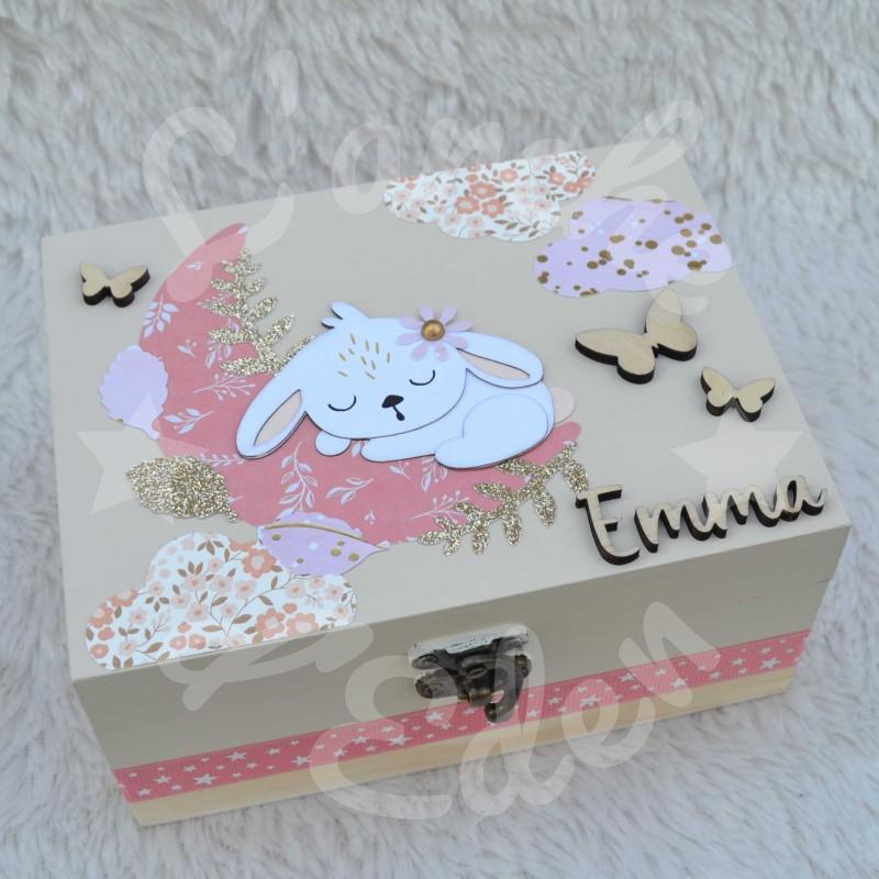 Boite à trésors en bois pour souvenirs d enfant décor Lapin et lune