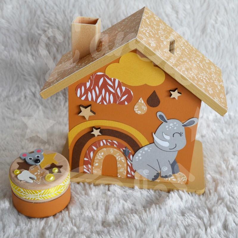 Tirelire personnalisée rhinocéros décor savane et arc en ciel pour enfant ou cadeau de naissance