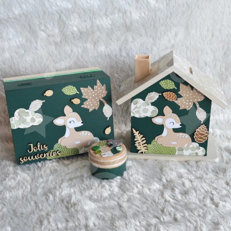 Cadeau de naissance Faon et décor de la foret composé d'une tirelire, d'une boite à dents et d'une boite a trésors