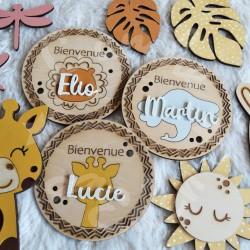 Medaillon de naissance en bois a personnaliser theme savane Africaine