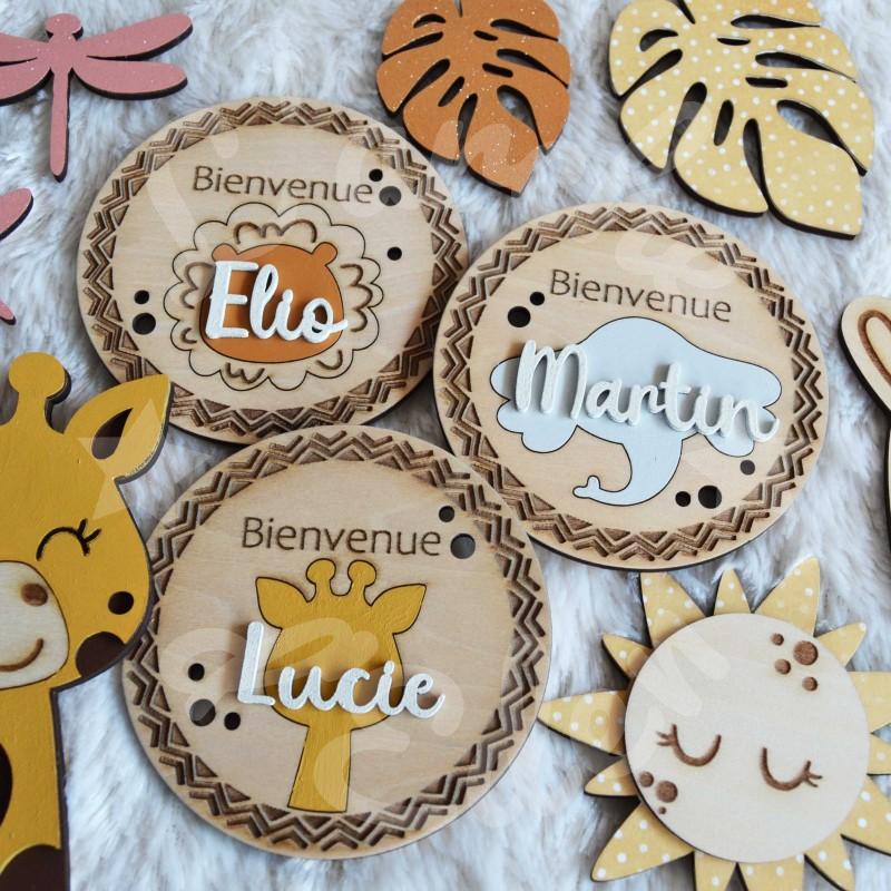 Medaillon de naissance en bois a personnaliser theme savane Africaine