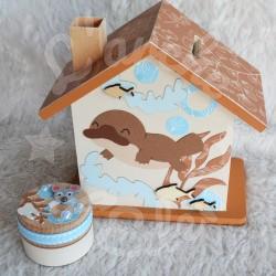 Cadeau de naissance Ornithorynque composé d'une tirelire, d'une boite à dents et d'une boite a trésors