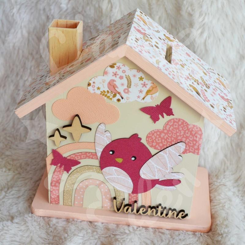 Tirelire oiseau et arc en ciel en bois pour enfant a personnaliser