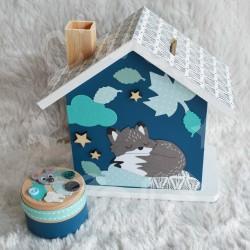 Tirelire renard polaire et flocons de neige en bois pour enfant a personnaliser