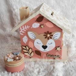 Tirelire biche et decor de la foret pour enfant a personnaliser