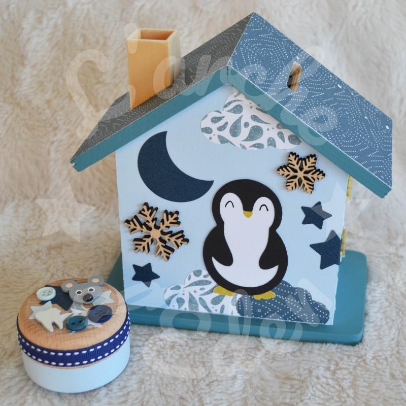 Tirelire pingouin sur la banquise en bois pour enfant a personnaliser
