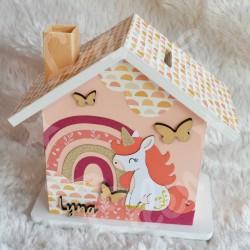 Tirelire licorne et arc en ciel en bois pour enfant a personnaliser