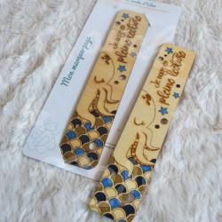 Marque page en bois pour enfant avec sirène, tortue, hippocampe ou pieuvre en paillettes