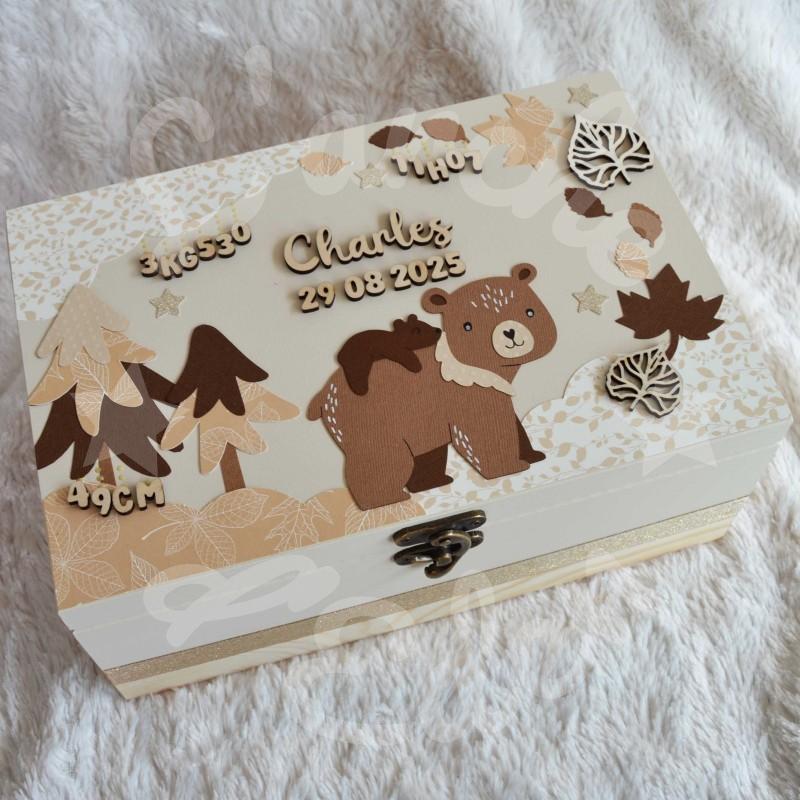 Boite à souvenirs de naissance personnalisée décoration ourson et sa maman