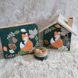 Cadeau de naissance Renard et décor de la foret composé d'une tirelire, d'une boite à dents et d'une boite a trésors