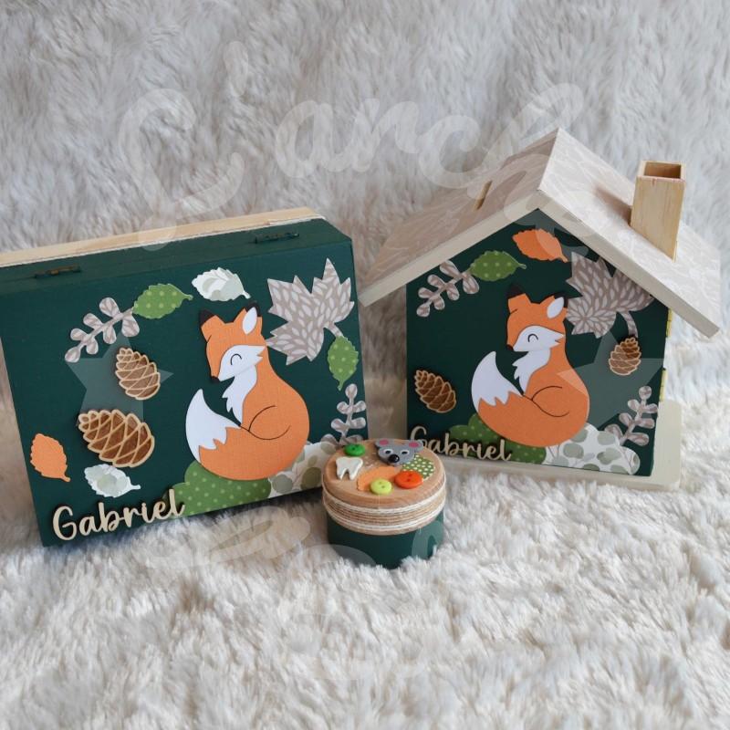 Cadeau de naissance Renard et décor de la foret composé d'une tirelire, d'une boite à dents et d'une boite a trésors
