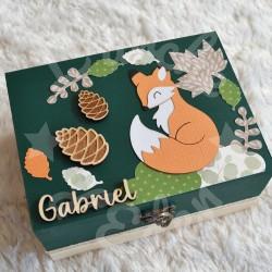 Cadeau de naissance Renard et décor de la foret composé d'une tirelire, d'une boite à dents et d'une boite a trésors