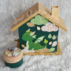 Tirelire Dragon et feuilles de la foret personnalisée au prénom de l'enfant